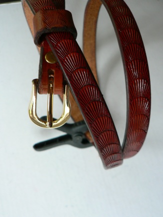 British Tan Skinny Tooled Leather Belt@acrossleather.com
