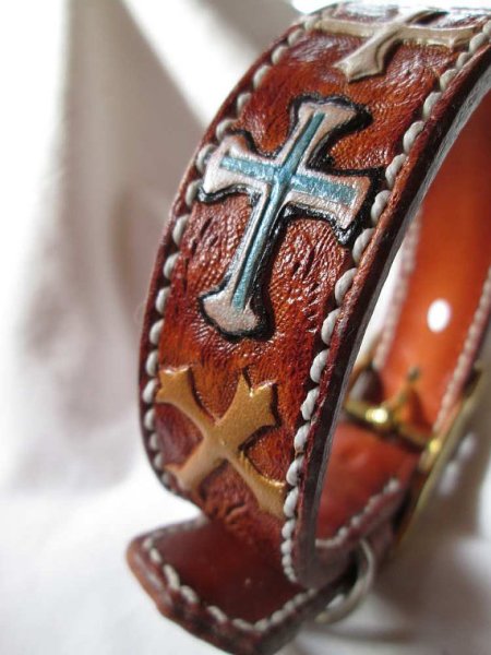 custom tooled cross leather dog collar