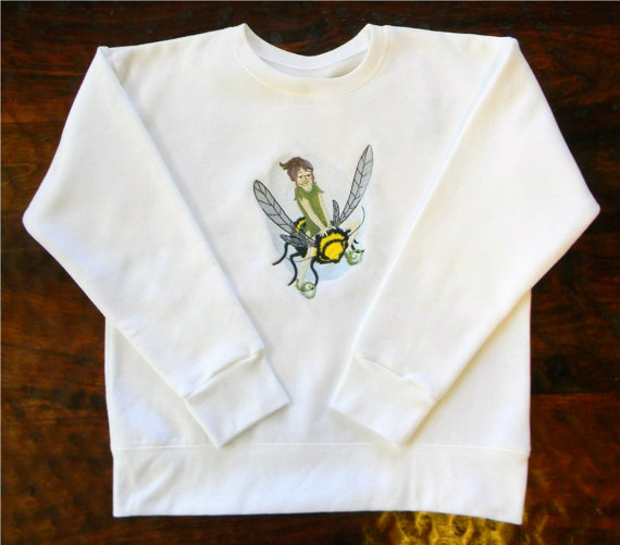 Ladies long sleeve white sweatshirt with embroidered bumblebee and fairy,clothing,mountainMajik,handmade